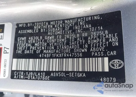 2015 Toyota Camry Xle from USA, damaged, VIN 4T4BF1FKXFR447556